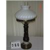 Image 1 : WOOD STEM LAMP WITH METAL BASE AND WHITE GLASS SWIRL SHADE