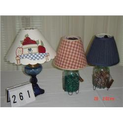 ASSORTED LAMPS - BLUE GLASS LAMP WITH APPLE SHADE, (2) MASON JARS WITH GLASS BEADS, ELECTRIFIED FOR 
