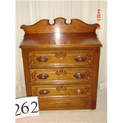 WALNUT 3 DRAWER WASHSTAND WITH FLORAL CARVED PULLS AND CUT BACKSPLASH