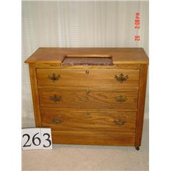 WALNUT 3 DRAWER CHEST WITH FEDERAL PULLS WITH BROWN MARBLE INSERT, BRASS KEYHOLES, CARVED BEADING TH