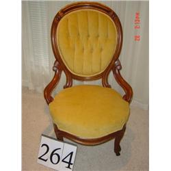 VICTORIAN LADIES CHERRY CHAIR - MUSTARD COLORED UPHOLSTSERED TUFTED BACK AND UPHOLSTERED SEAT