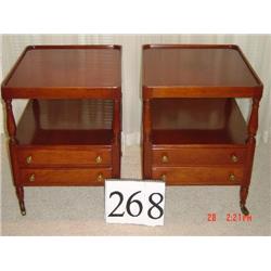 WILLETT CHERRY 2 DRAWER, 2 TIERED END TABLES ON CASTERS