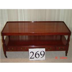 WILLETT 3 DRAWER, 2 TIERED COFFEE TABLE ON CASTERS