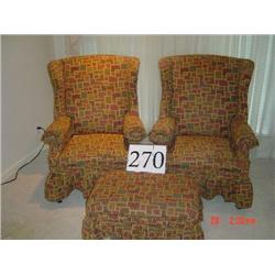 (2) MULTI - BLOCKED UPHOLSTERED WINGBACK CHAIRS AND (1) FOOTED OTTOMAN