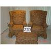 Image 1 : (2) MULTI - BLOCKED UPHOLSTERED WINGBACK CHAIRS AND (1) FOOTED OTTOMAN