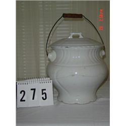 B.P. CO. IRONSTONE CHAMBER POT WITH LID AND WOOD HANDLE ON METAL - 12"