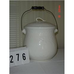 PORCELAIN CHAMBER POT - REPAIR TO LID TOP - HAS BLACK PAINTED WOOD HANDLE
