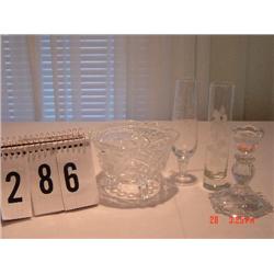 (4) ASSORTED GLASS PIECES - LEADED AND ETCHED FOOTED DISH, (2) ETCHED VASES, (1) CANDLEHOLDER