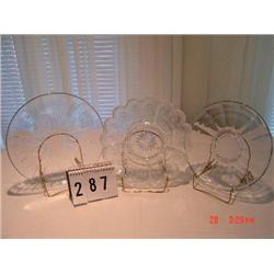 (3) GLASS SERVERS - (1) PATTERNED SERVER WITH SCALLOPED EDGES, (2) DIFFERENT SERVERS