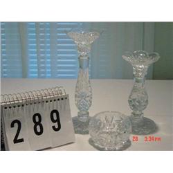 (3) LEADED CRYSTAL CANDLEHOLDERS - (2) SAME PATTERN, DIFFERENT SIZES; (1) VOTIVE HOLDER