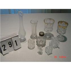 (9) ASSORTED PIECES - GLASS ANGEL, (2) TOOTHPICKS, (2) VASES, (1) SHAKER, (2) GOBLETS, MINI PITCHER 