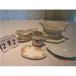 (5) ASSORTED PIECES - LARGE IRONSTONE GRAVY BOAT AND SAUCER, OTHER GRAVY BOAT AND SAUCER, IRONSTONE 