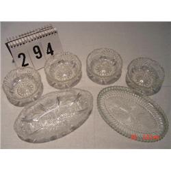 (6) PRESSED GLASS PIECES - (4) MATCHING BERRY BOWLS, (2) NON-MATCHING OVAL, FLAT DISHES