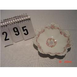 WHITE PORCELAIN FLOWER DISH WITH SMALL PINK FLOWERS - MARKED COVERED
