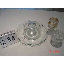 ASSORTED GLASS PIECES - CHEESE AND CRACKER SERVER (NEW), PINEAPPLE GOBLET, PRESSED JAR