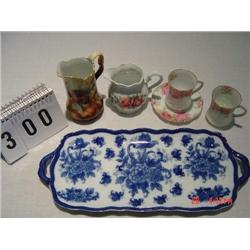 AUSTRIAN HAND PAINTED PITCHER, GERMAN WHITE PITCHER WITH PINK FLOWERS, LOUVRE BAVARIA (2) CUPS AND (