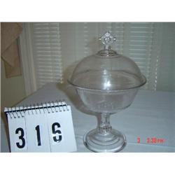 COMPOTE - plain glass with small bead edge, large rounded lid with large cross finial