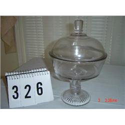 COMPOTE - plain, clear glass with lined foot, plain stem, large bowl and rounded lid with tall glass