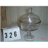 Image 1 : COMPOTE - plain, clear glass with lined foot, plain stem, large bowl and rounded lid with tall glass