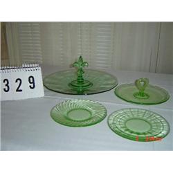 DEPRESSION GLASS - (4) pieces of green - Fleur de Lis sandwich plate, heart sandwich plate, (2) unma