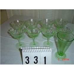 DEPRESSION GLASS - (8) champagne glasses with etched flowers and (1) unmatching ice cream float glas