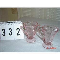 DEPRESSION GLASS - pink panel glass creamer and sugar with etched flower design