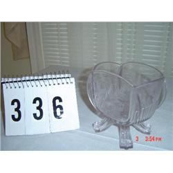 PRESSED GLASS 4 FOOTED DISH - 4 glass panels with etched flowers