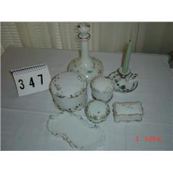 DRESSER/VANITY SET - (old) white glass items: decanter with stopper, powder jar, candleholder, (2) r
