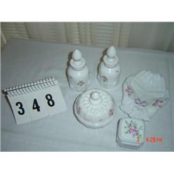 WHITE GLASS SET - powder box with lid, ring box with lid, open prayer hands soap dish, (2) bottles w