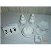 Image 1 : WHITE GLASS SET - powder box with lid, ring box with lid, open prayer hands soap dish, (2) bottles w
