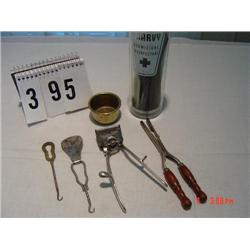 GROOMING ITEMS - old, small (non-electric) curling iron, shoe horn, clipper, MORVEY GERMICIDAL DISIN
