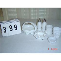 MILKGLASS - salt/pepper shakers, creamer & sugar, ashtray, master salt