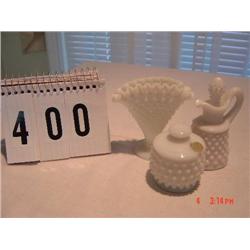 MILKGLASS HOBNAIL fan shape vase, mini cruet and rooster on nest