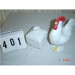 MILKGLASS ROOSTER and COVERED CANDY DISH