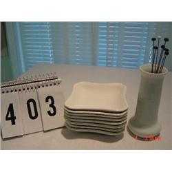 (7) ENGLISH (white) SQUARE DISHES, WHITE VASE with HATPINS