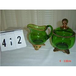 GREEN GLASS - PITCHER with gold trim and covered compote