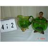 Image 1 : GREEN GLASS - PITCHER with gold trim and covered compote