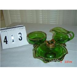 GREEN GLASS - gold trim sugar & creamer, low covered compote