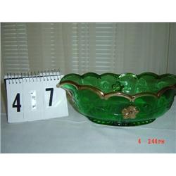 GREEN GLASS - OVAL DISH WITH GOLD TRIM