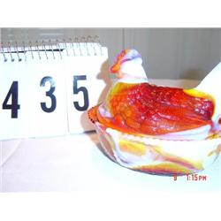 MOTTLED GLASS HEN ON NEST (red, orange, white) marked "M" inside circle