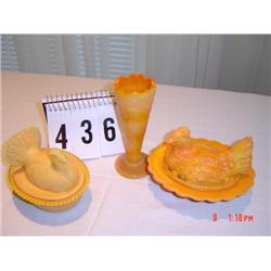 DEGENHART orange glass TURKEY ON NEST, SMALL ORANGE GLASS VASE, HEN ON NEST