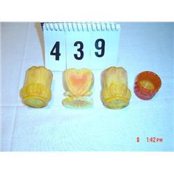 (3) TOOTHPICK HOLDERS - yellow mottled glass, (1) orange