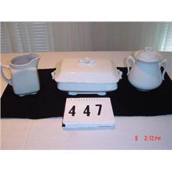 (3) PIECES OF IRONSTONE - Johnson Bros. 9 1/2" covered dish, England sugar & creamer
