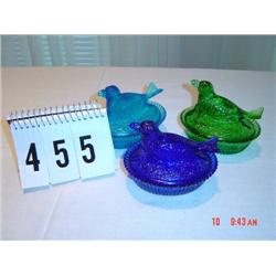 (3) DEGENHART blue & green GLASS BIRDS ON NESTS