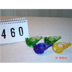 (4) DEGENHART PIECES - glass bird salts - (2) green, (1) cobalt, (1) yellow
