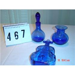 (3) COBALT GLASS PIECES - violin, small vase, bottle w/ stopper