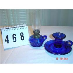 COBALT OIL LAMP, CANDLEHOLDER marked with "H" inside diamond