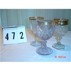 (3) PRESSED GLASS goblets with gold trim - unmatching