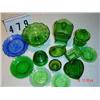 Image 1 : (12) PIECES OF GREEN GLASS - (5) souvenir plates (1 is blue), CAT IN BASKET squared dish with lid, g