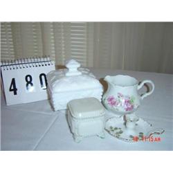 (4) PIECES OF GLASS - (1) MILKGLASS covered compote, (1) white ring box, (1) small flowered creamer,